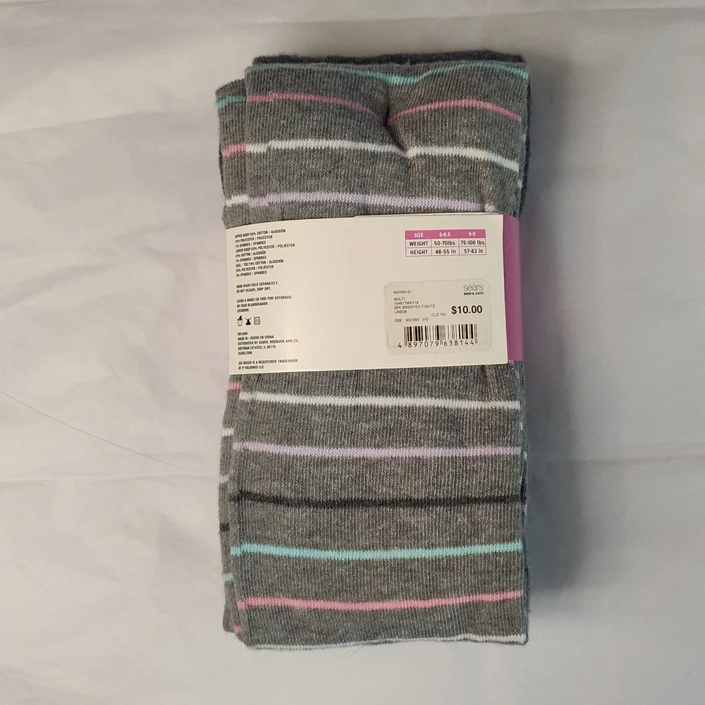 Joe Box Novelty Sweater Tights 2 Pairs Size 9-11 Unicorns Stripes Grey Gray